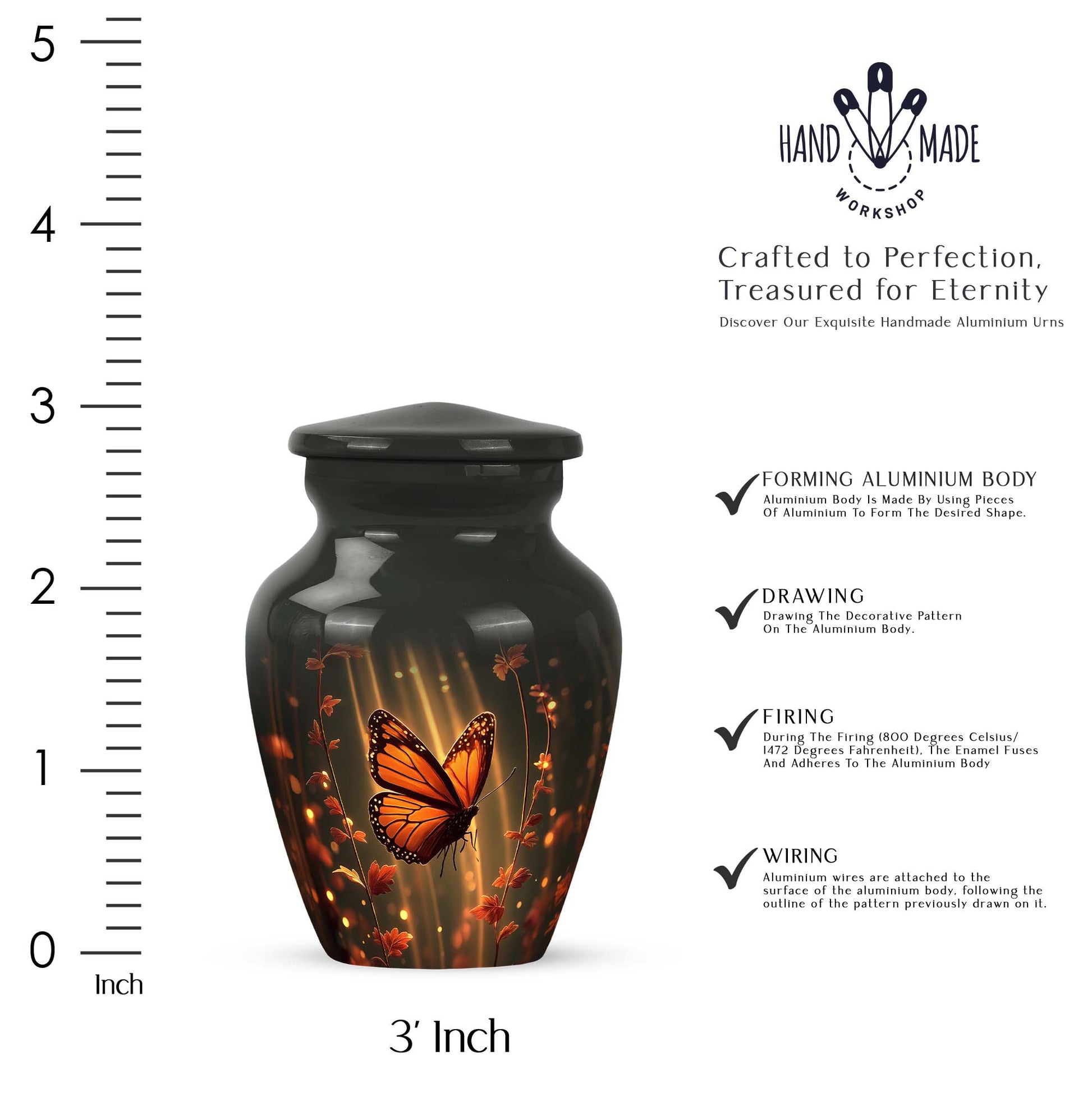 Dark Black Butterfly Cremation Urn close-up of engraving and surface detail - elegant classic butterfly relief with fine detailing - mini keepsake memorial for portion of cremation ashes