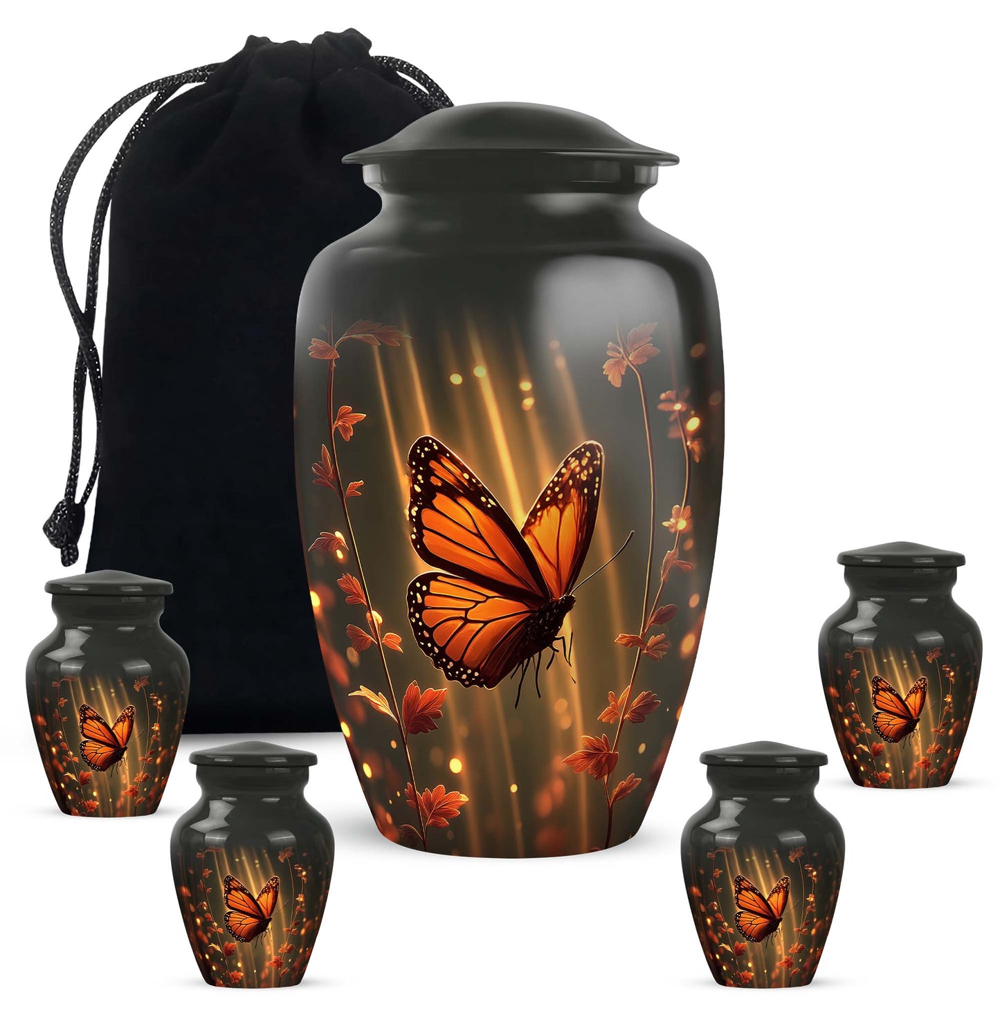 Jet Black Butterfly Cremation Urn top-down view of secure threaded lid - timeless butterfly motif etched into premium metal - memorial set with one large and four small urns