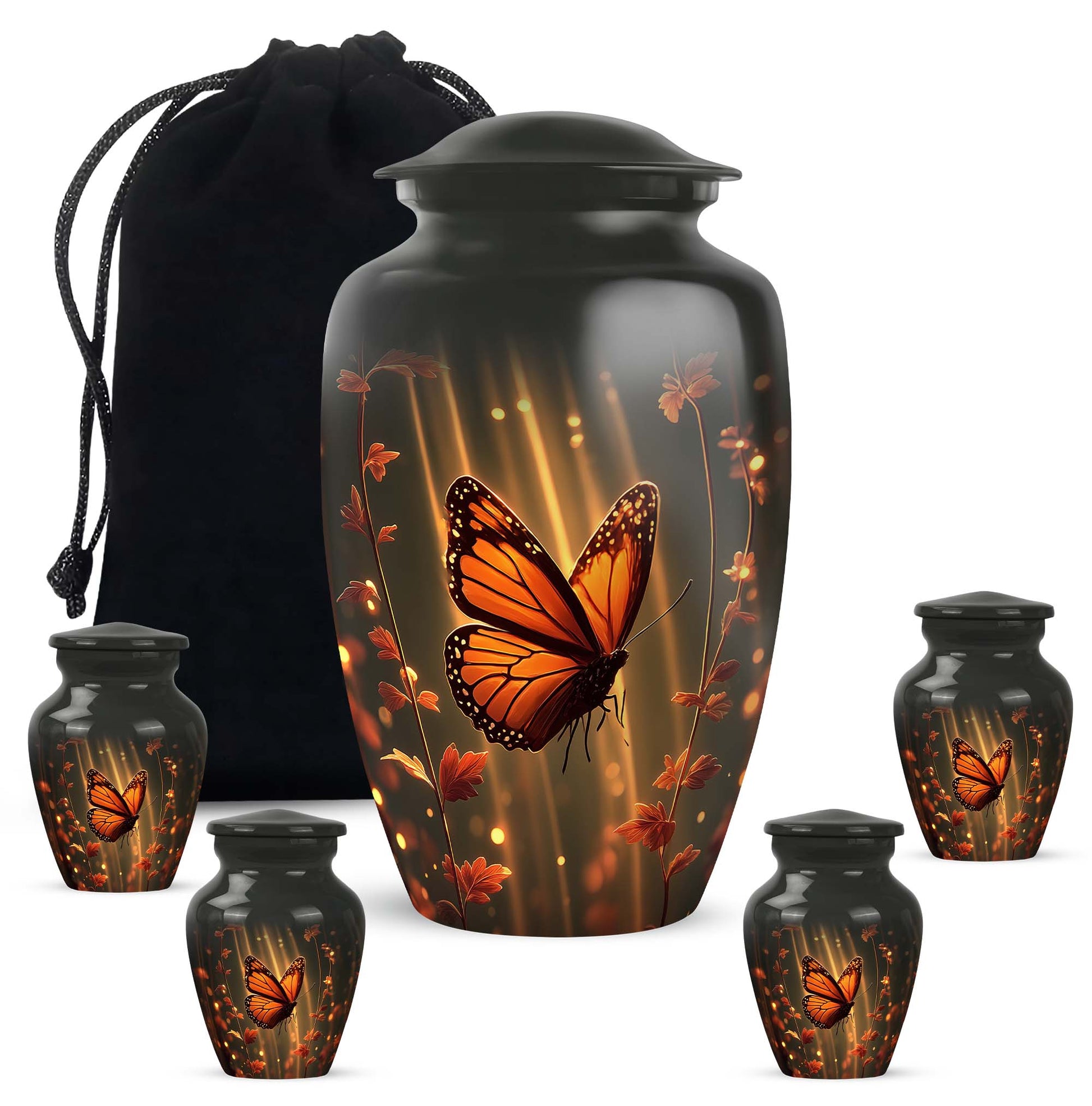 Jet Black Butterfly Cremation Urn top-down view of secure threaded lid - timeless butterfly motif etched into premium metal - memorial set with one large and four small urns