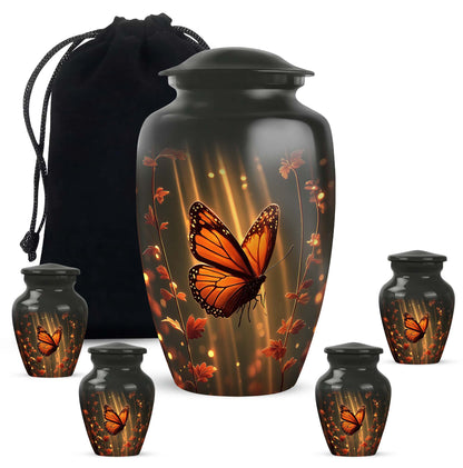 Jet Black Butterfly Cremation Urn top-down view of secure threaded lid - timeless butterfly motif etched into premium metal - memorial set with one large and four small urns