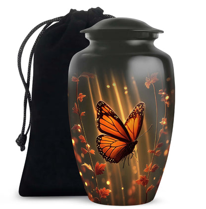 Onyx Black Butterfly Cremation Urn angled view of lid and engraved motif - elegant classic butterfly relief with fine detailing - full-size 10 inch 200 cubic inch adult cremation urn