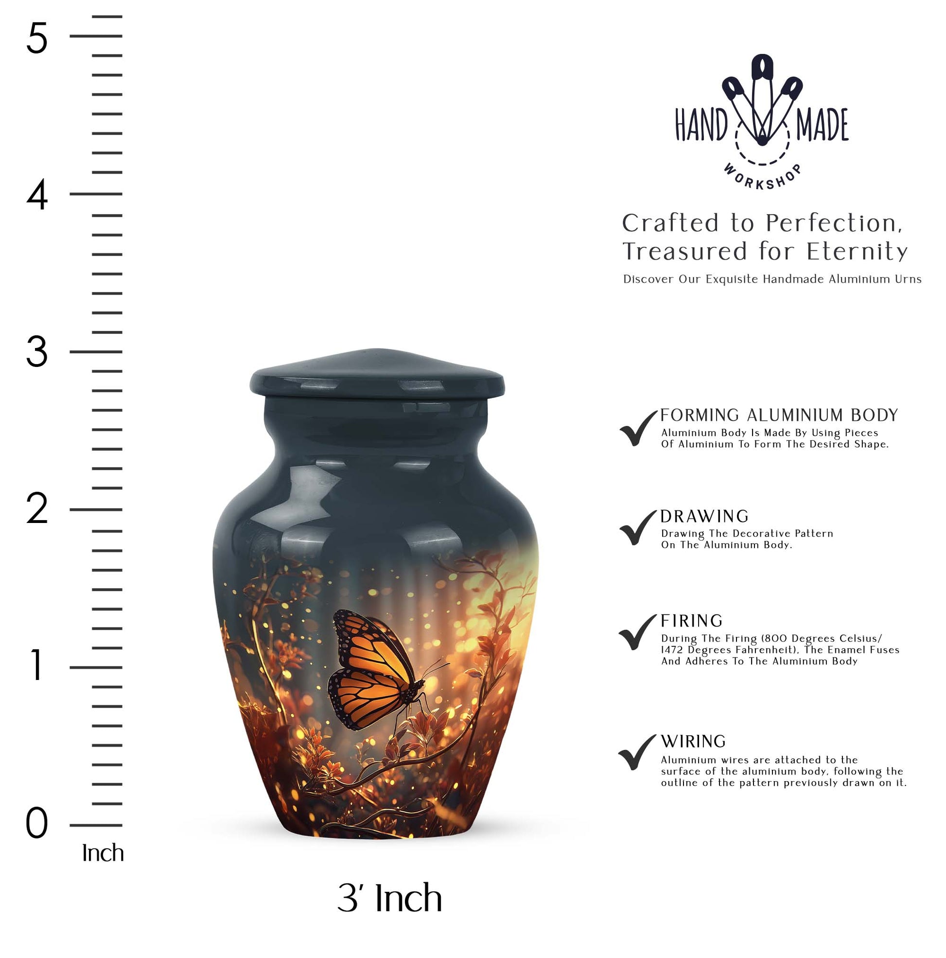 Icy Blue Butterfly Cremation Urn close-up of engraving and surface detail - classic sculpted butterfly pattern on smooth aluminum - mini keepsake memorial for portion of cremation ashes