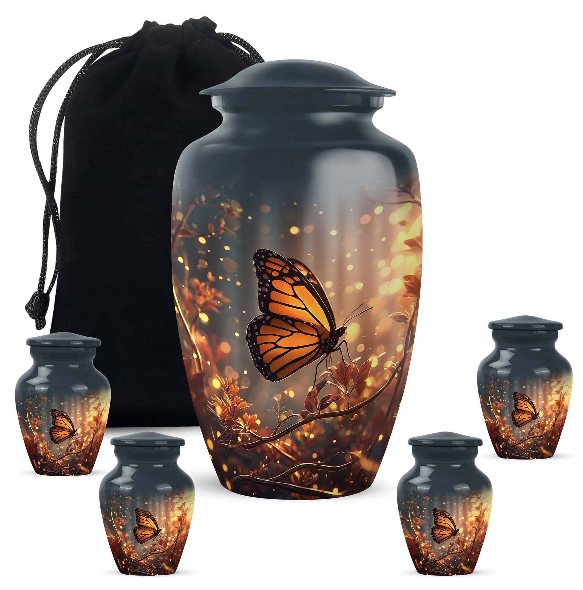 Indigo Butterfly Cremation Urn top-down view of secure threaded lid - classic sculpted butterfly pattern on smooth aluminum - memorial set with one large and four small urns