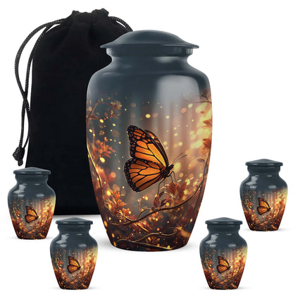 Indigo Butterfly Cremation Urn top-down view of secure threaded lid - classic sculpted butterfly pattern on smooth aluminum - memorial set with one large and four small urns
