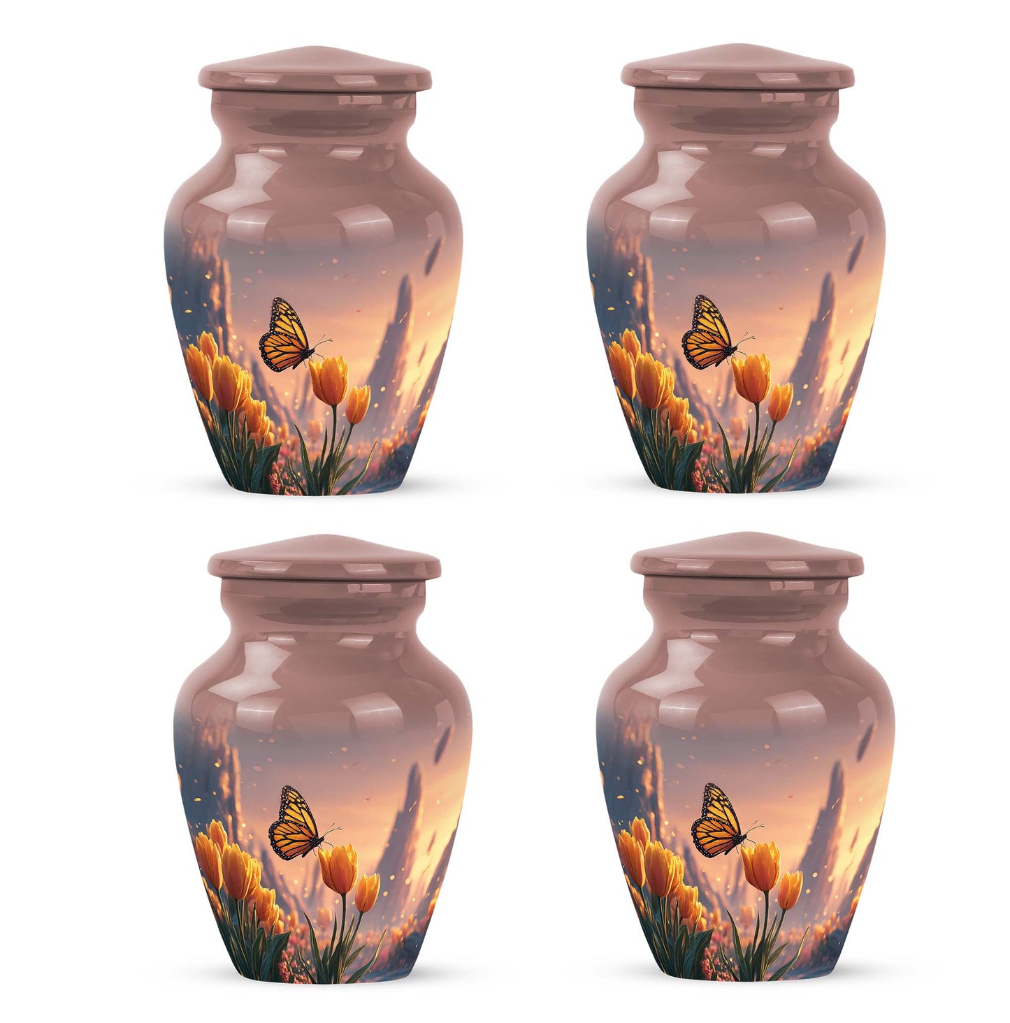 Garnet Red Butterfly Cremation Urn side profile showing urn shape - timeless butterfly motif etched into premium metal - 10 inch aluminum urn for cremated remains