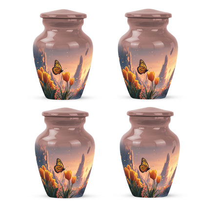 Garnet Red Butterfly Cremation Urn side profile showing urn shape - timeless butterfly motif etched into premium metal - 10 inch aluminum urn for cremated remains