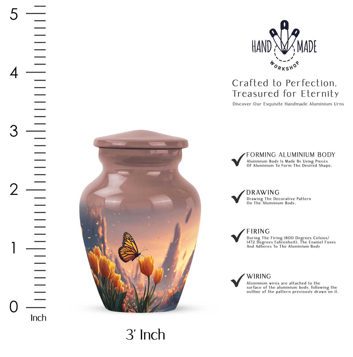 Crimson Red Butterfly Cremation Urn close-up of engraving and surface detail - timeless butterfly motif etched into premium metal - mini keepsake memorial for portion of cremation ashes