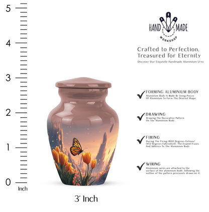 Crimson Red Butterfly Cremation Urn close-up of engraving and surface detail - timeless butterfly motif etched into premium metal - mini keepsake memorial for portion of cremation ashes