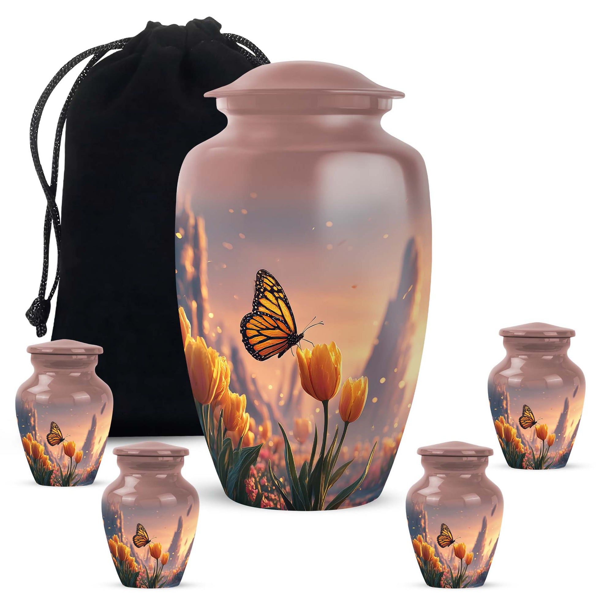 Cherry Red Butterfly Cremation Urn top-down view of secure threaded lid - elegant classic butterfly relief with fine detailing - memorial set with one large and four small urns