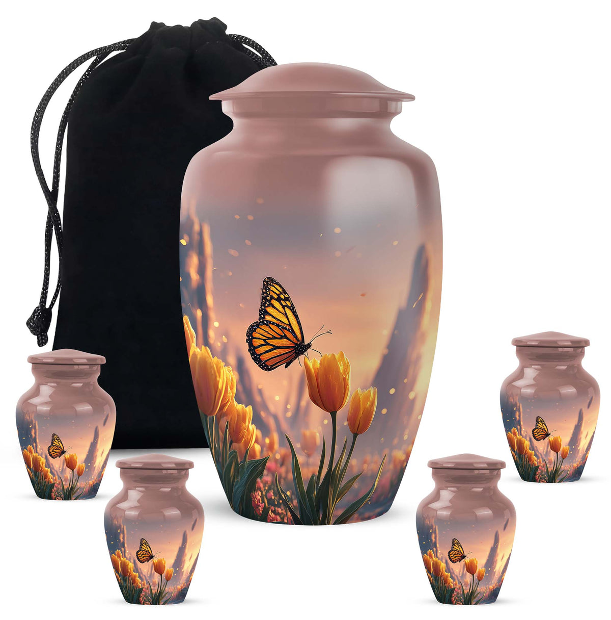 Cherry Red Butterfly Cremation Urn top-down view of secure threaded lid - elegant classic butterfly relief with fine detailing - memorial set with one large and four small urns