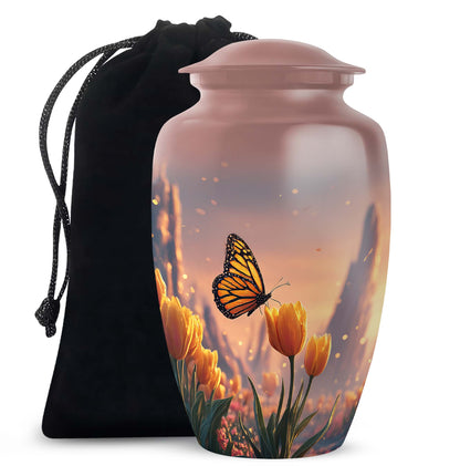 Deep Red Butterfly Cremation Urn angled view of lid and engraved motif - classic sculpted butterfly pattern on smooth aluminum - full-size 10 inch 200 cubic inch adult cremation urn