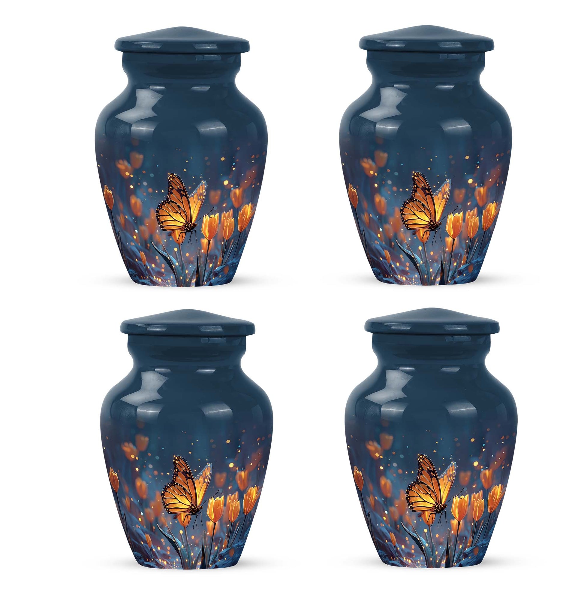 Celestial Blue Butterfly Cremation Urn side profile showing urn shape - timeless butterfly motif etched into premium metal - 10 inch aluminum urn for cremated remains