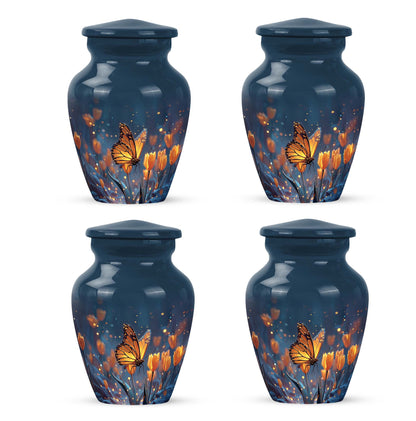 Celestial Blue Butterfly Cremation Urn side profile showing urn shape - timeless butterfly motif etched into premium metal - 10 inch aluminum urn for cremated remains