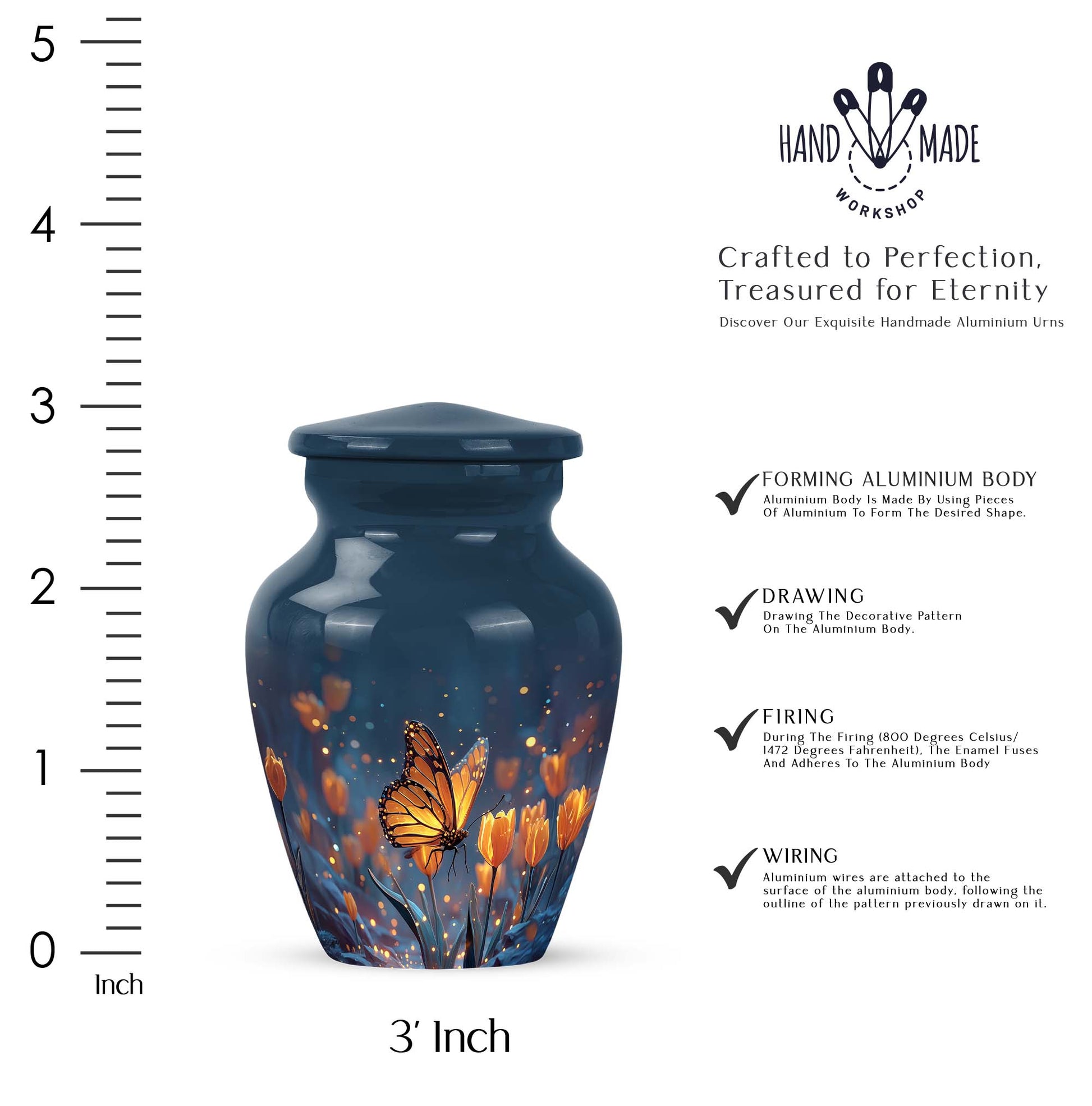 Sky Blue Butterfly Cremation Urn close-up of engraving and surface detail - classic sculpted butterfly pattern on smooth aluminum - mini keepsake memorial for portion of cremation ashes