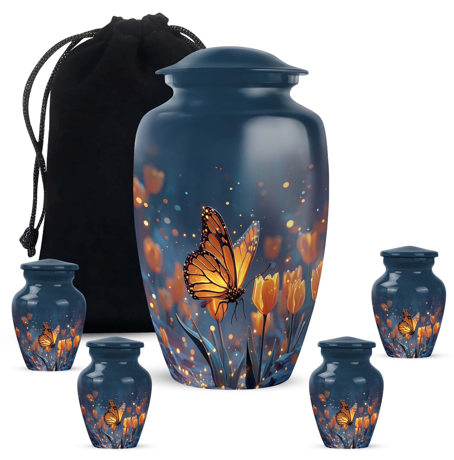 Calming Blue Butterfly Cremation Urn top-down view of secure threaded lid - traditional butterfly engraving with hand-polished finish - memorial set with one large and four small urns