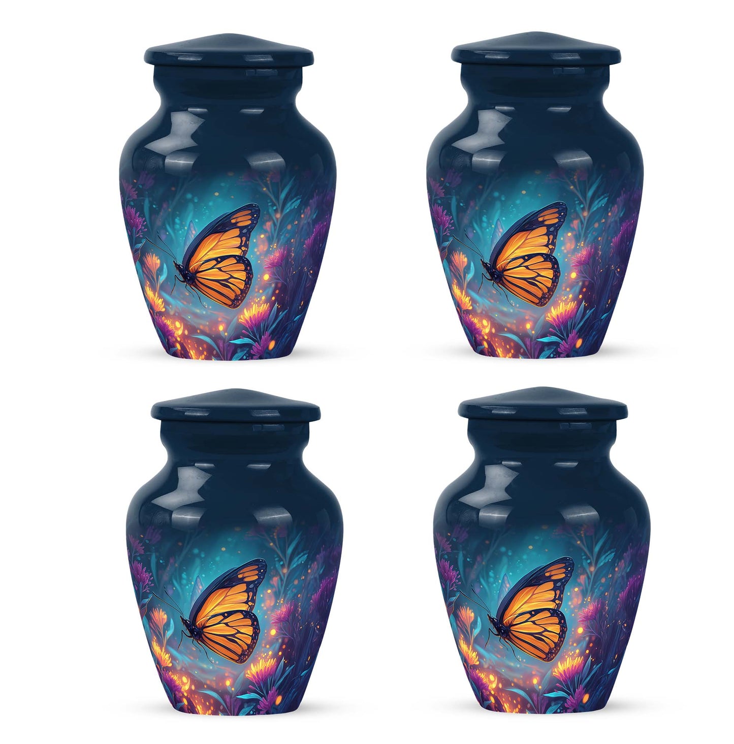 Pastel Blue Butterfly Cremation Urn side profile showing urn shape - classic sculpted butterfly pattern on smooth aluminum - 10 inch aluminum urn for cremated remains