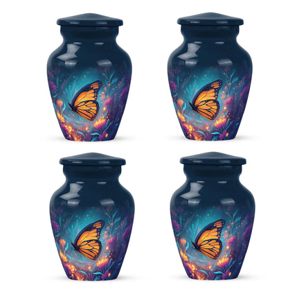 Pastel Blue Butterfly Cremation Urn side profile showing urn shape - classic sculpted butterfly pattern on smooth aluminum - 10 inch aluminum urn for cremated remains