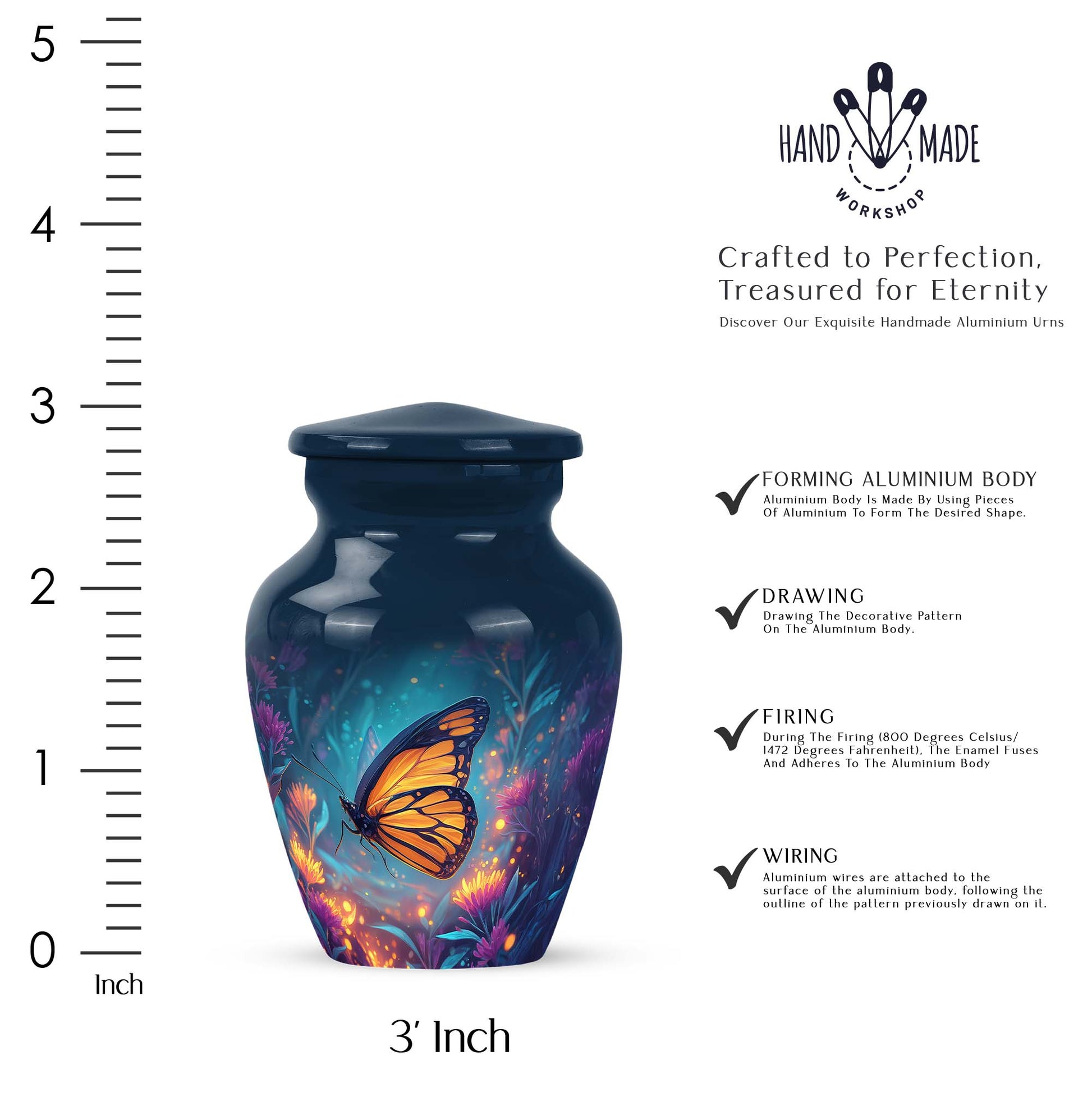 Pastel Blue Butterfly Cremation Urn close-up of engraving and surface detail - timeless butterfly motif etched into premium metal - mini keepsake memorial for portion of cremation ashes