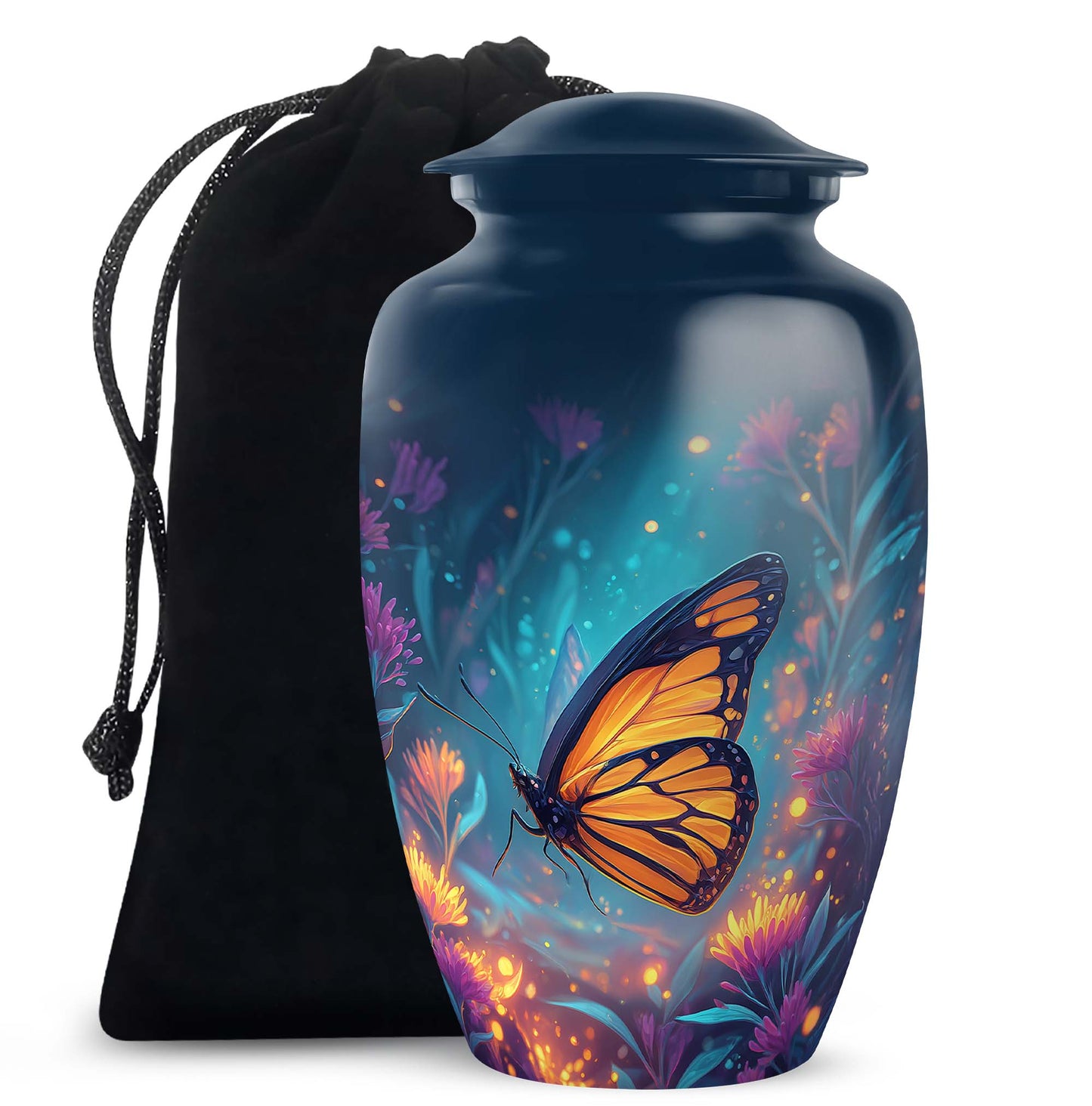 Steel Blue Butterfly Cremation Urn angled view of lid and engraved motif - traditional butterfly engraving with hand-polished finish - full-size 10 inch 200 cubic inch adult cremation urn