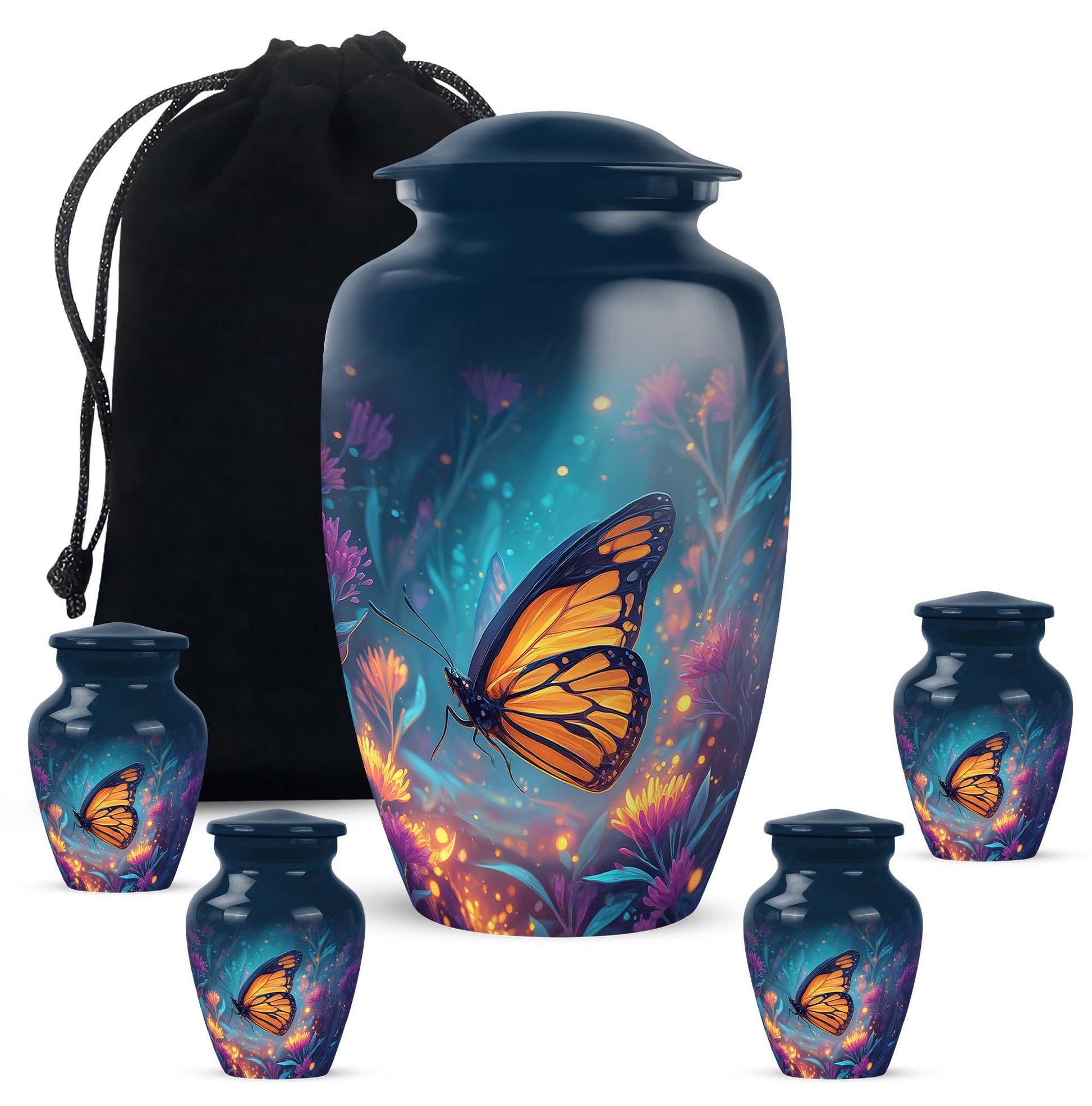 Cobalt Blue Butterfly Cremation Urn top-down view of secure threaded lid - elegant classic butterfly relief with fine detailing - memorial set with one large and four small urns