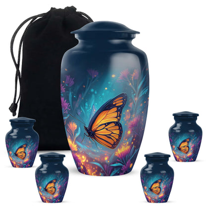 Cobalt Blue Butterfly Cremation Urn top-down view of secure threaded lid - elegant classic butterfly relief with fine detailing - memorial set with one large and four small urns