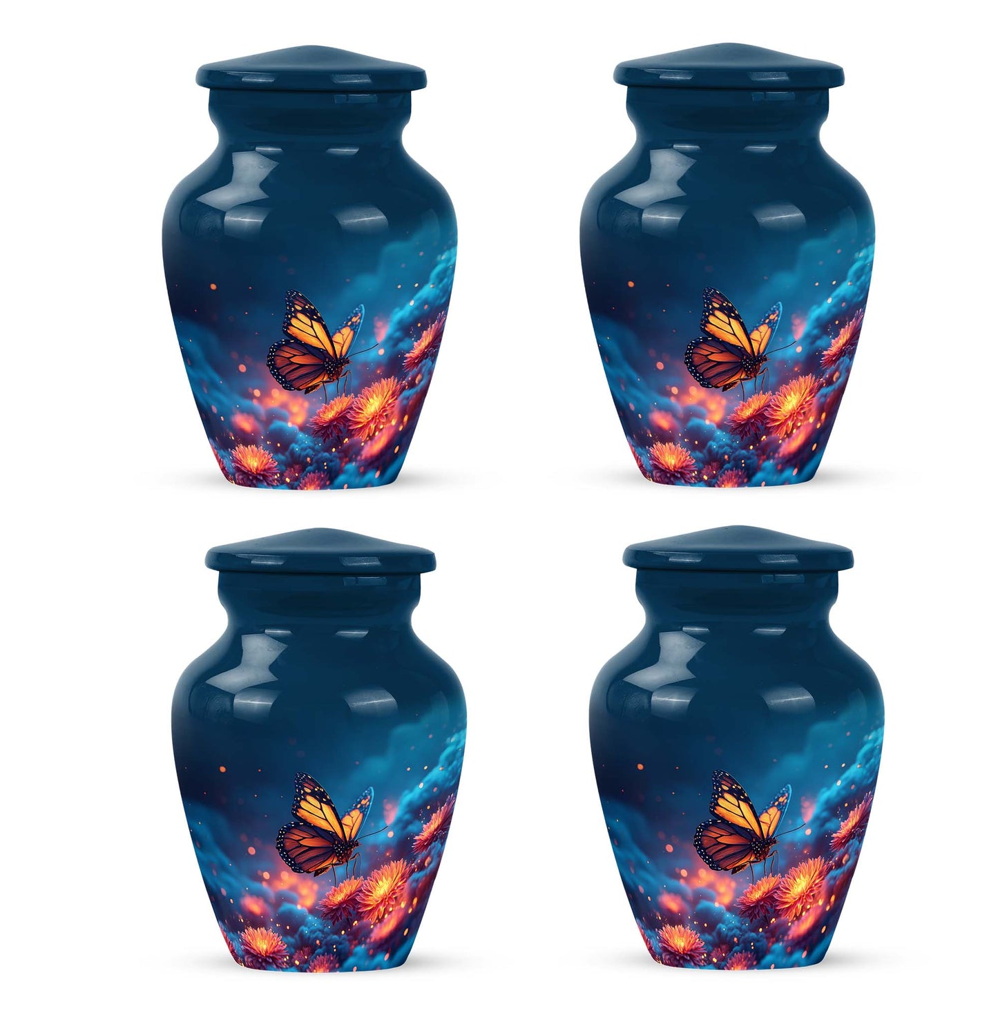 Azure Butterfly Cremation Urn side profile showing urn shape - timeless butterfly motif etched into premium metal - 10 inch aluminum urn for cremated remains