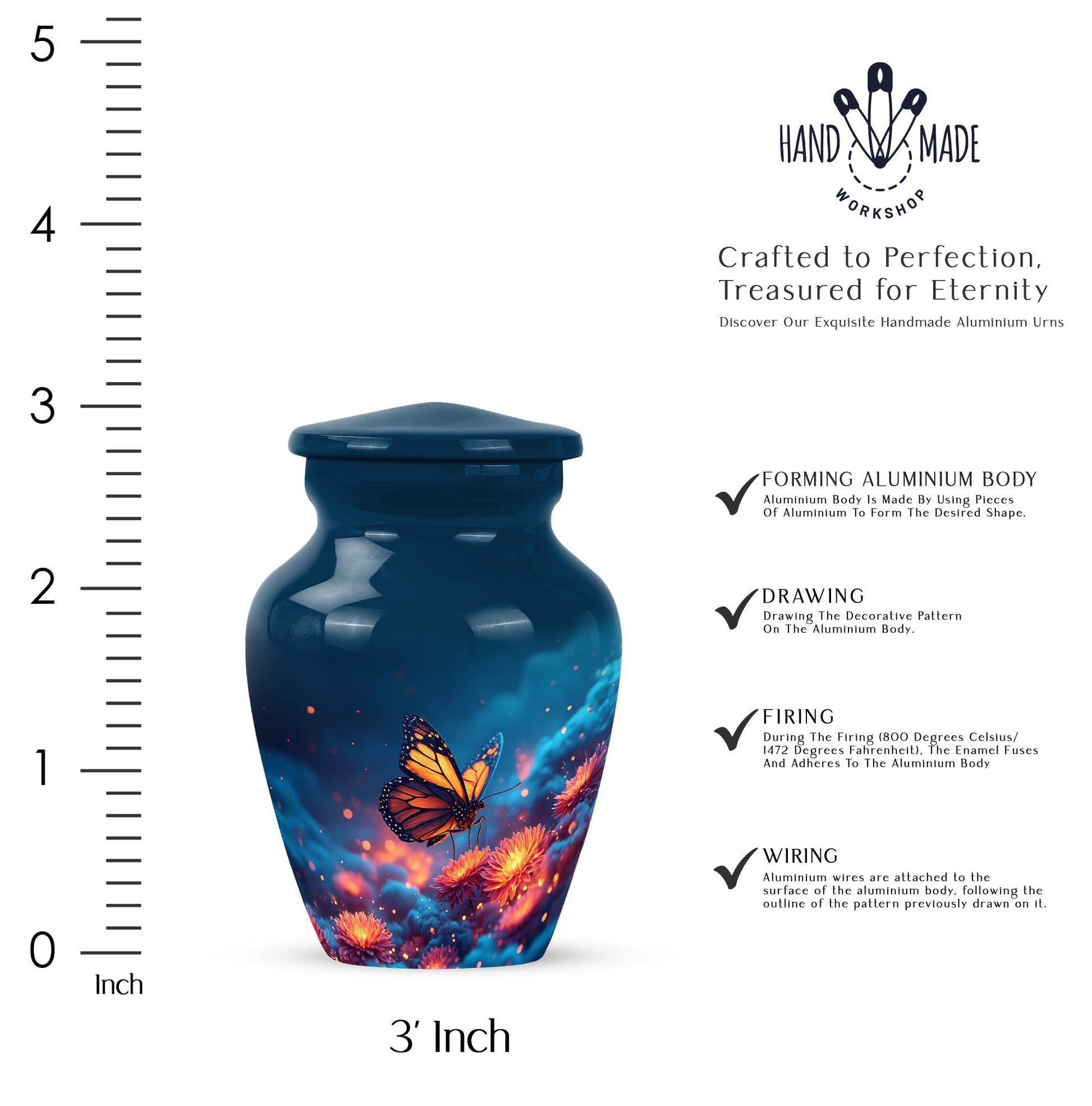 Pastel Blue Butterfly Cremation Urn close-up of engraving and surface detail - classic sculpted butterfly pattern on smooth aluminum - mini keepsake memorial for portion of cremation ashes