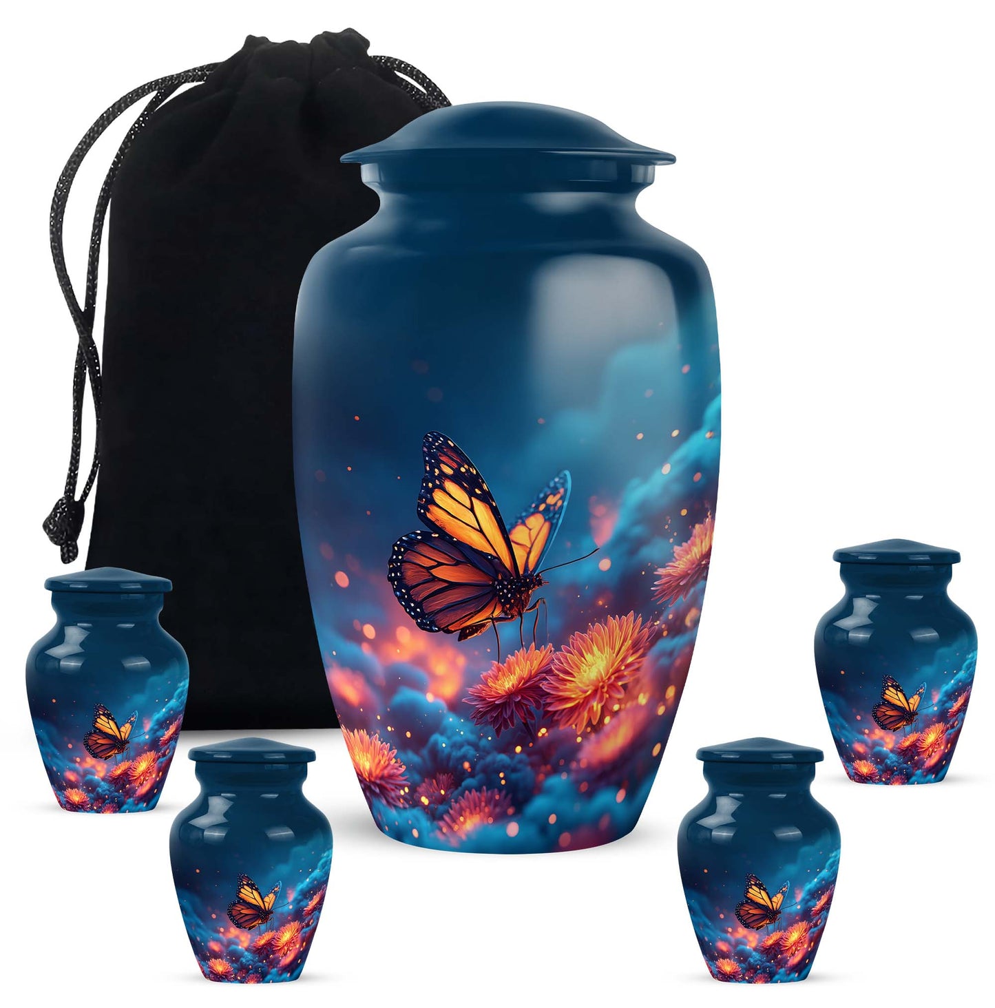 Indigo Butterfly Cremation Urn top-down view of secure threaded lid - classic sculpted butterfly pattern on smooth aluminum - memorial set with one large and four small urns