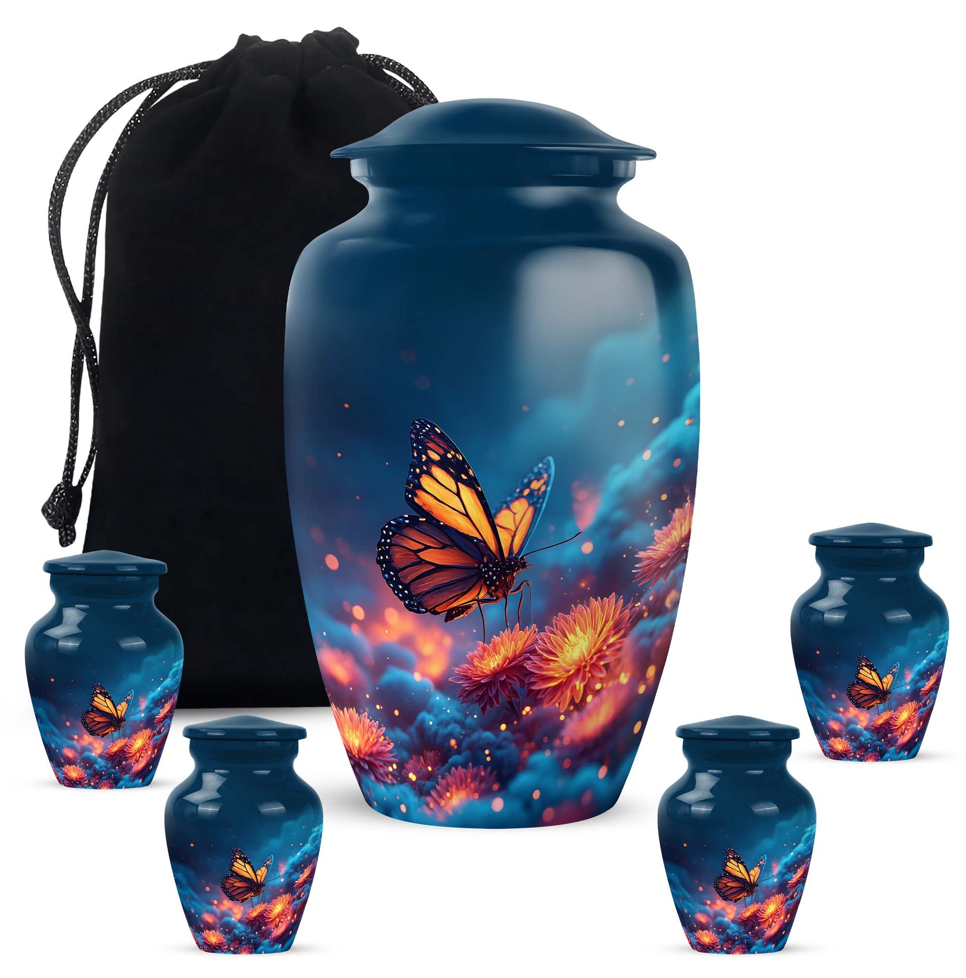Indigo Butterfly Cremation Urn top-down view of secure threaded lid - classic sculpted butterfly pattern on smooth aluminum - memorial set with one large and four small urns