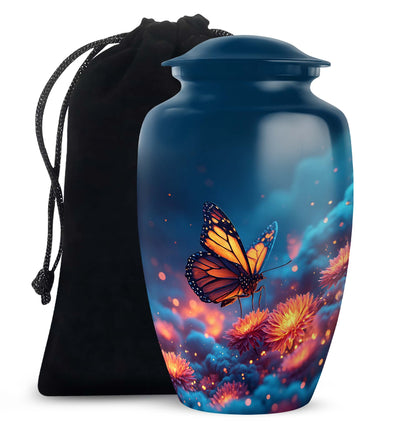 Cornflower Blue Butterfly Cremation Urn angled view of lid and engraved motif - elegant classic butterfly relief with fine detailing - full-size 10 inch 200 cubic inch adult cremation urn