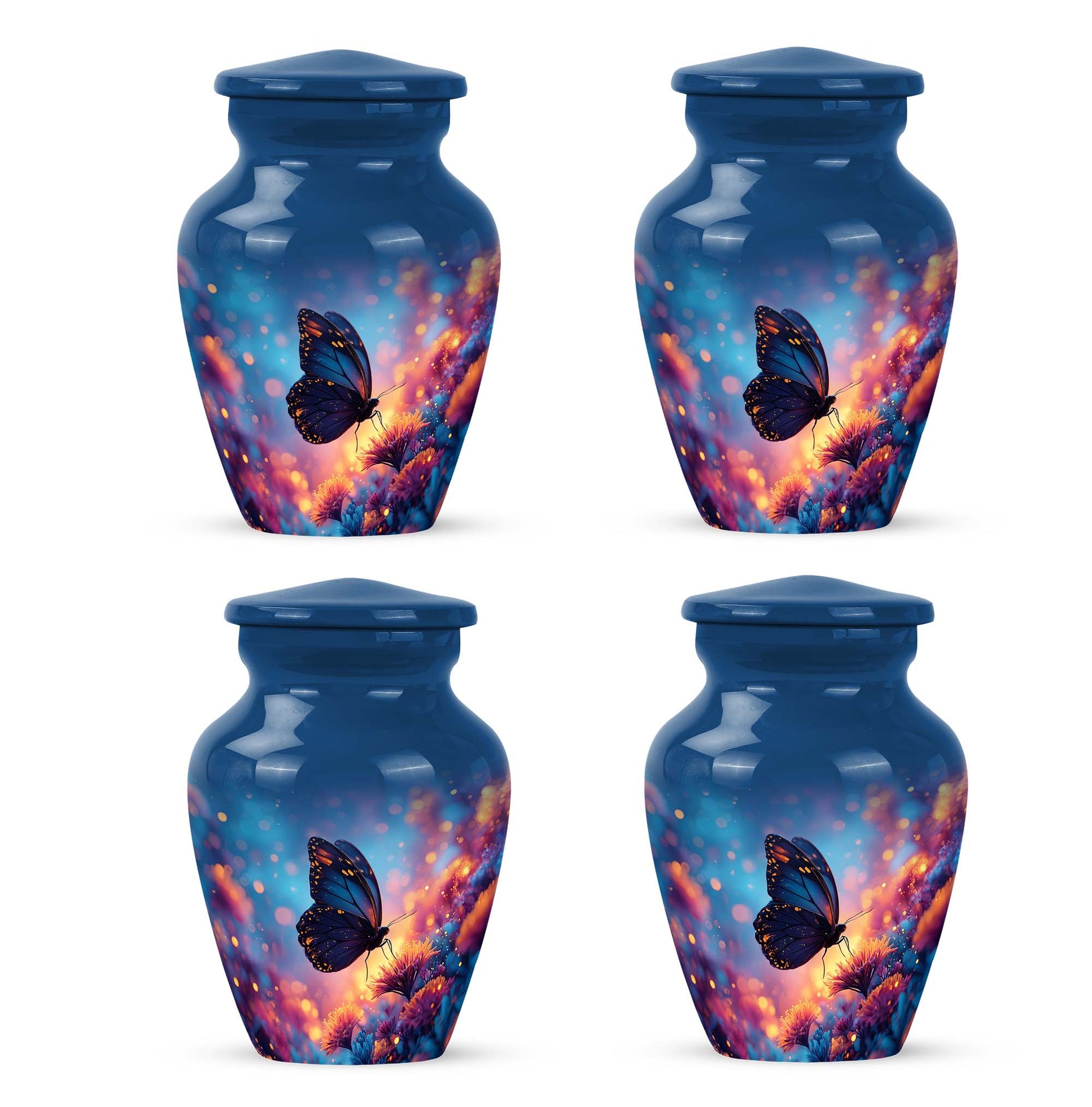 Royal Blue Butterfly Cremation Urn side profile showing urn shape - traditional butterfly engraving with hand-polished finish - 10 inch aluminum urn for cremated remains
