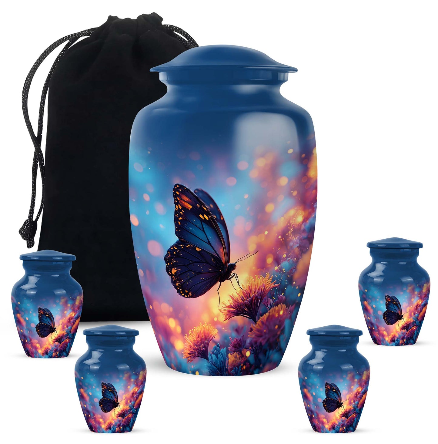 Powder Blue Butterfly Cremation Urn top-down view of secure threaded lid - classic sculpted butterfly pattern on smooth aluminum - memorial set with one large and four small urns