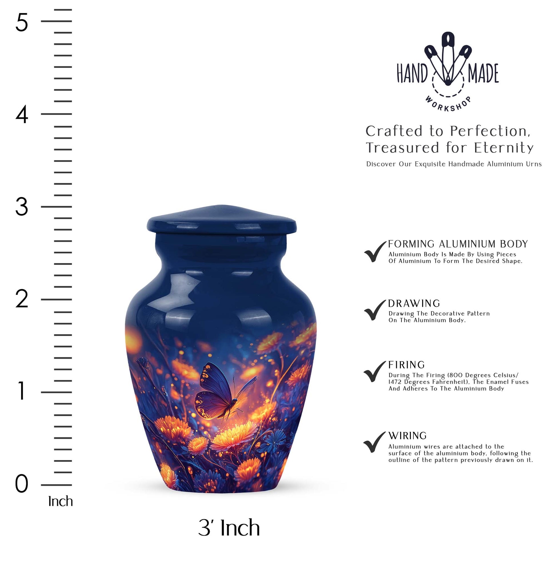 Icy Blue Butterfly Cremation Urn close-up of engraving and surface detail - classic sculpted butterfly pattern on smooth aluminum - mini keepsake memorial for portion of cremation ashes