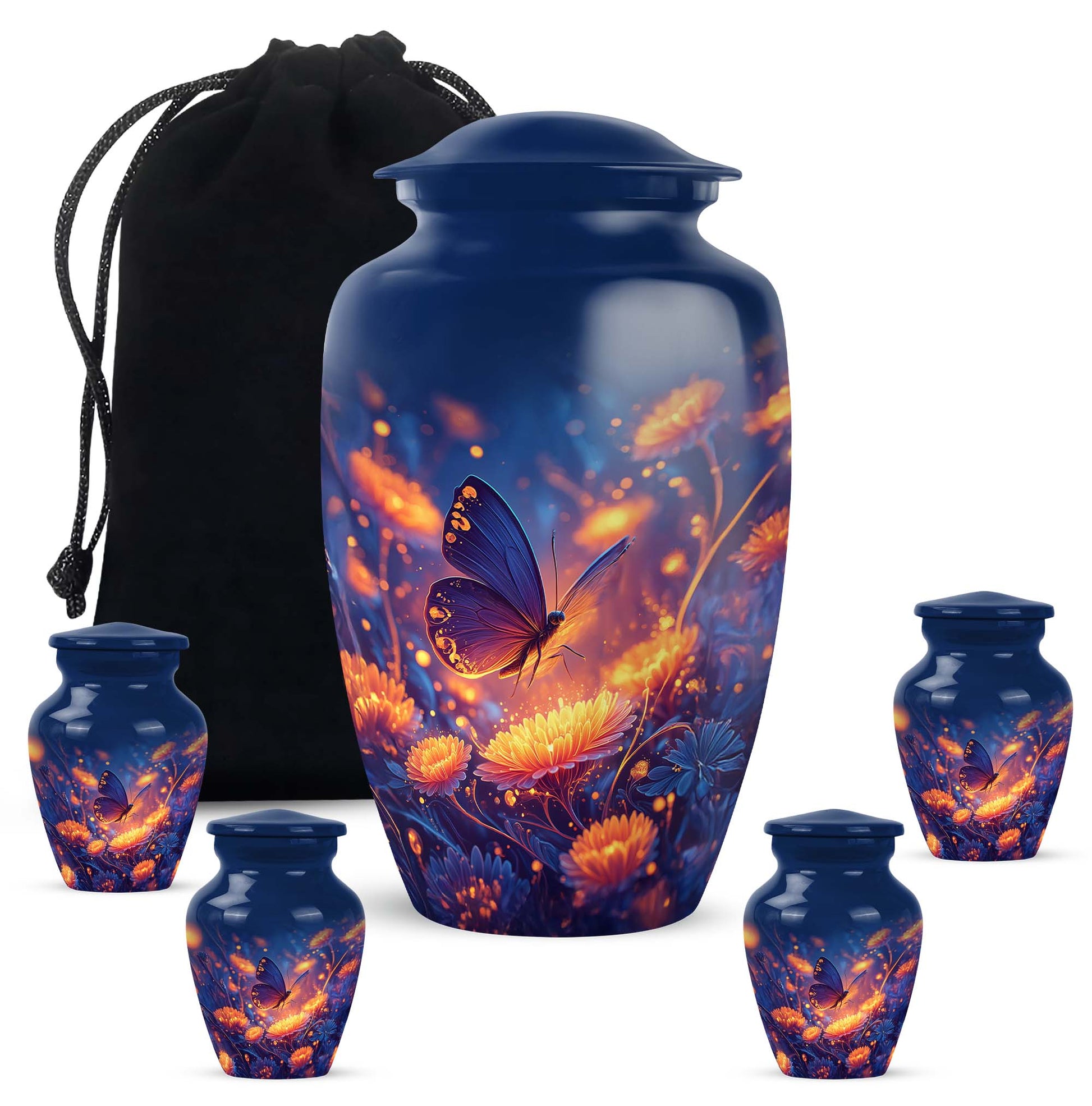 Navy Blue Butterfly Cremation Urn top-down view of secure threaded lid - classic sculpted butterfly pattern on smooth aluminum - memorial set with one large and four small urns
