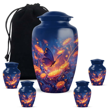 Navy Blue Butterfly Cremation Urn top-down view of secure threaded lid - classic sculpted butterfly pattern on smooth aluminum - memorial set with one large and four small urns