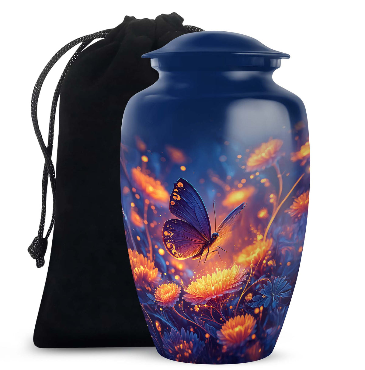 Powder Blue Butterfly Cremation Urn angled view of lid and engraved motif - classic sculpted butterfly pattern on smooth aluminum - full-size 10 inch 200 cubic inch adult cremation urn