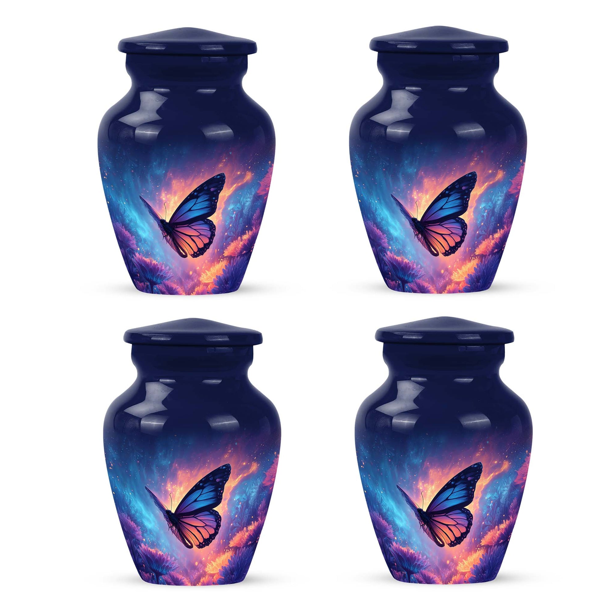 Calming Blue Butterfly Cremation Urn side profile showing urn shape - traditional butterfly engraving with hand-polished finish - 10 inch aluminum urn for cremated remains