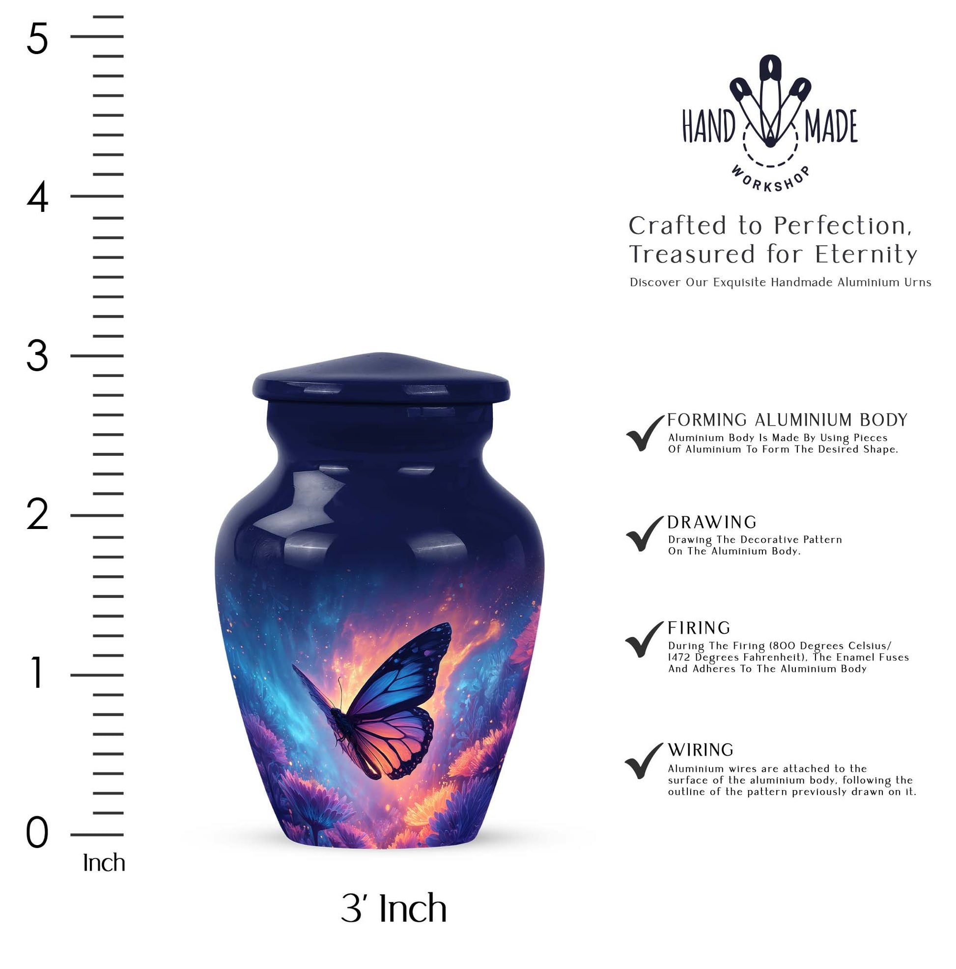 Dusty Blue Butterfly Cremation Urn close-up of engraving and surface detail - timeless butterfly motif etched into premium metal - mini keepsake memorial for portion of cremation ashes
