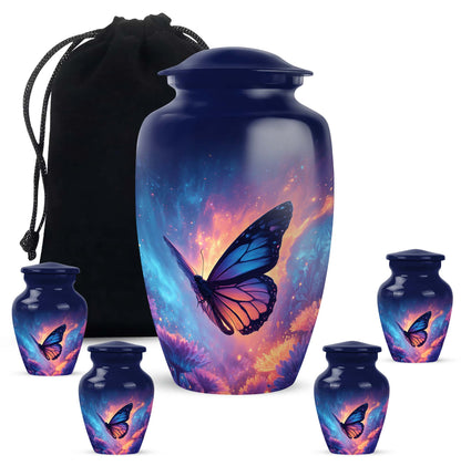 Cornflower Blue Butterfly Cremation Urn top-down view of secure threaded lid - traditional butterfly engraving with hand-polished finish - memorial set with one large and four small urns