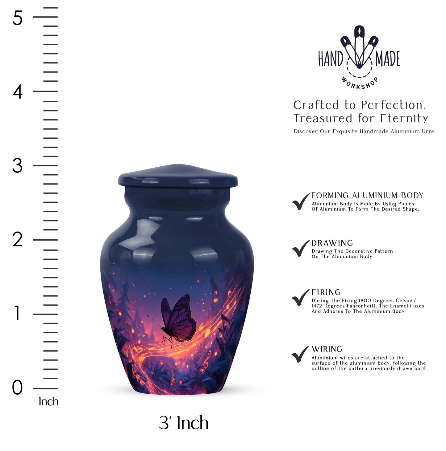 Twilight Blue Butterfly Cremation Urn close-up of engraving and surface detail - traditional butterfly engraving with hand-polished finish - mini keepsake memorial for portion of cremation ashes