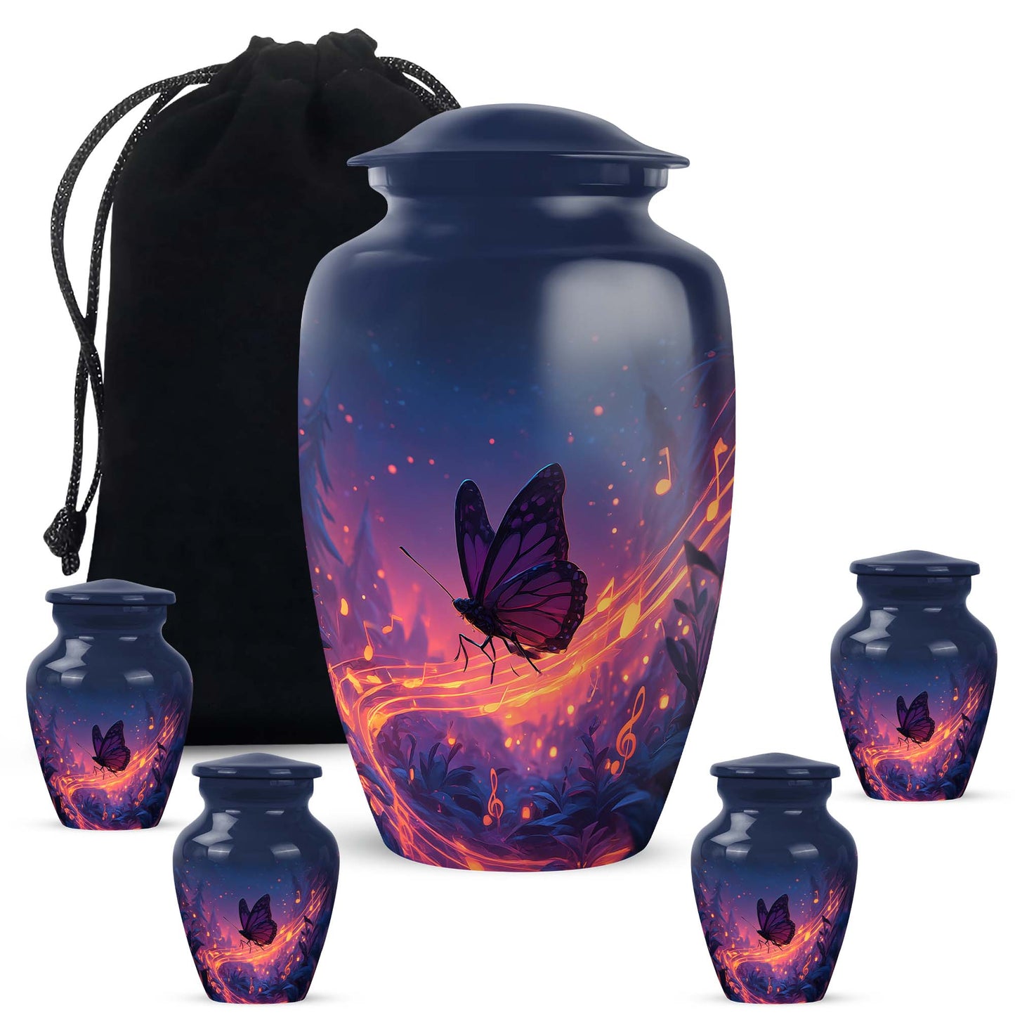Slate Blue Butterfly Cremation Urn top-down view of secure threaded lid - timeless butterfly motif etched into premium metal - memorial set with one large and four small urns