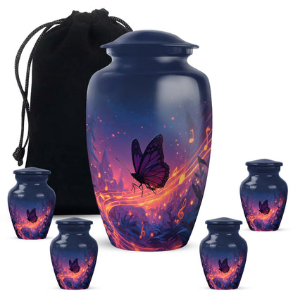 Slate Blue Butterfly Cremation Urn top-down view of secure threaded lid - timeless butterfly motif etched into premium metal - memorial set with one large and four small urns