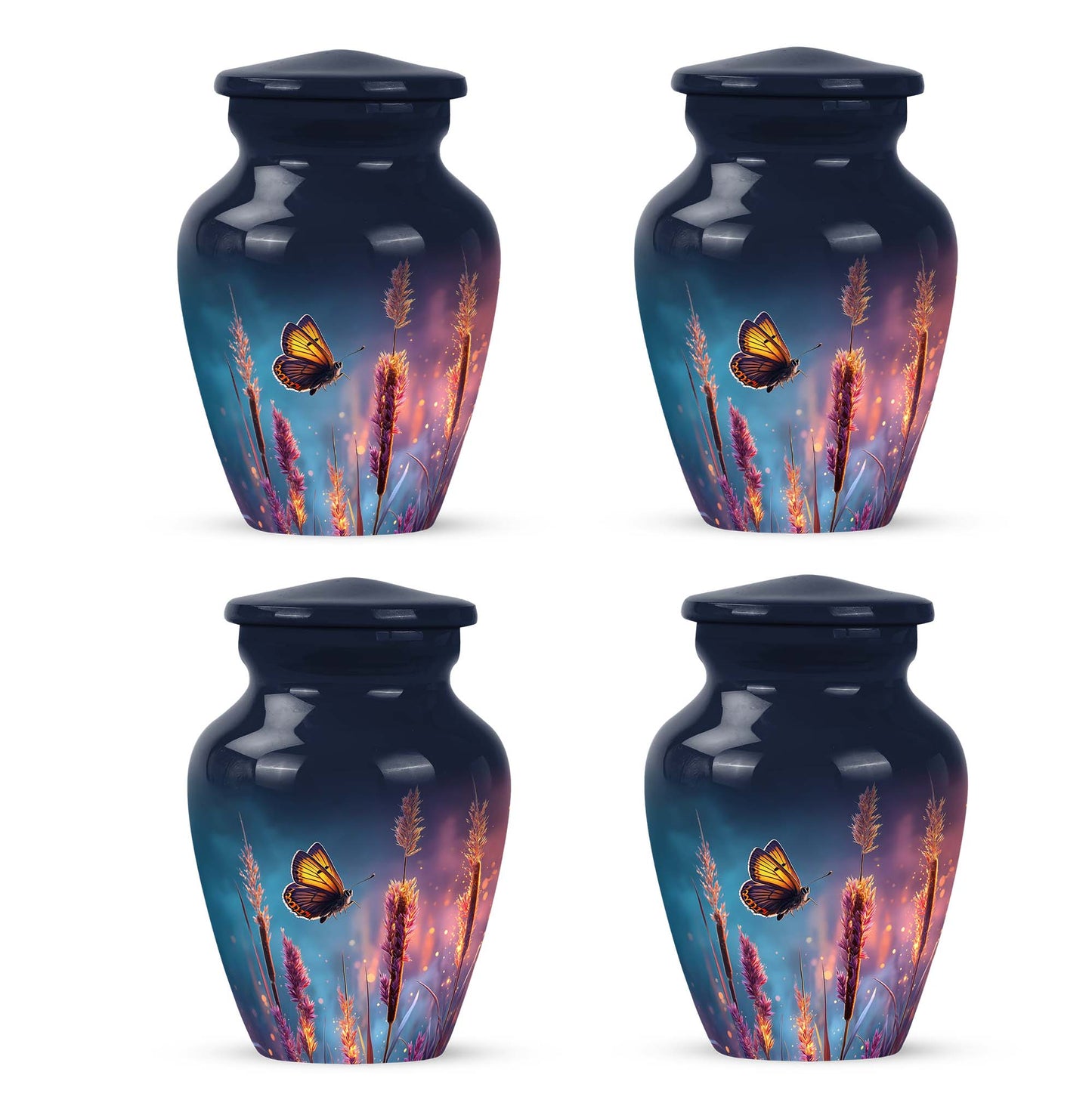 Twilight Blue Butterfly Cremation Urn side profile showing urn shape - elegant classic butterfly relief with fine detailing - 10 inch aluminum urn for cremated remains