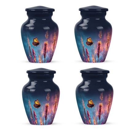 Twilight Blue Butterfly Cremation Urn side profile showing urn shape - elegant classic butterfly relief with fine detailing - 10 inch aluminum urn for cremated remains