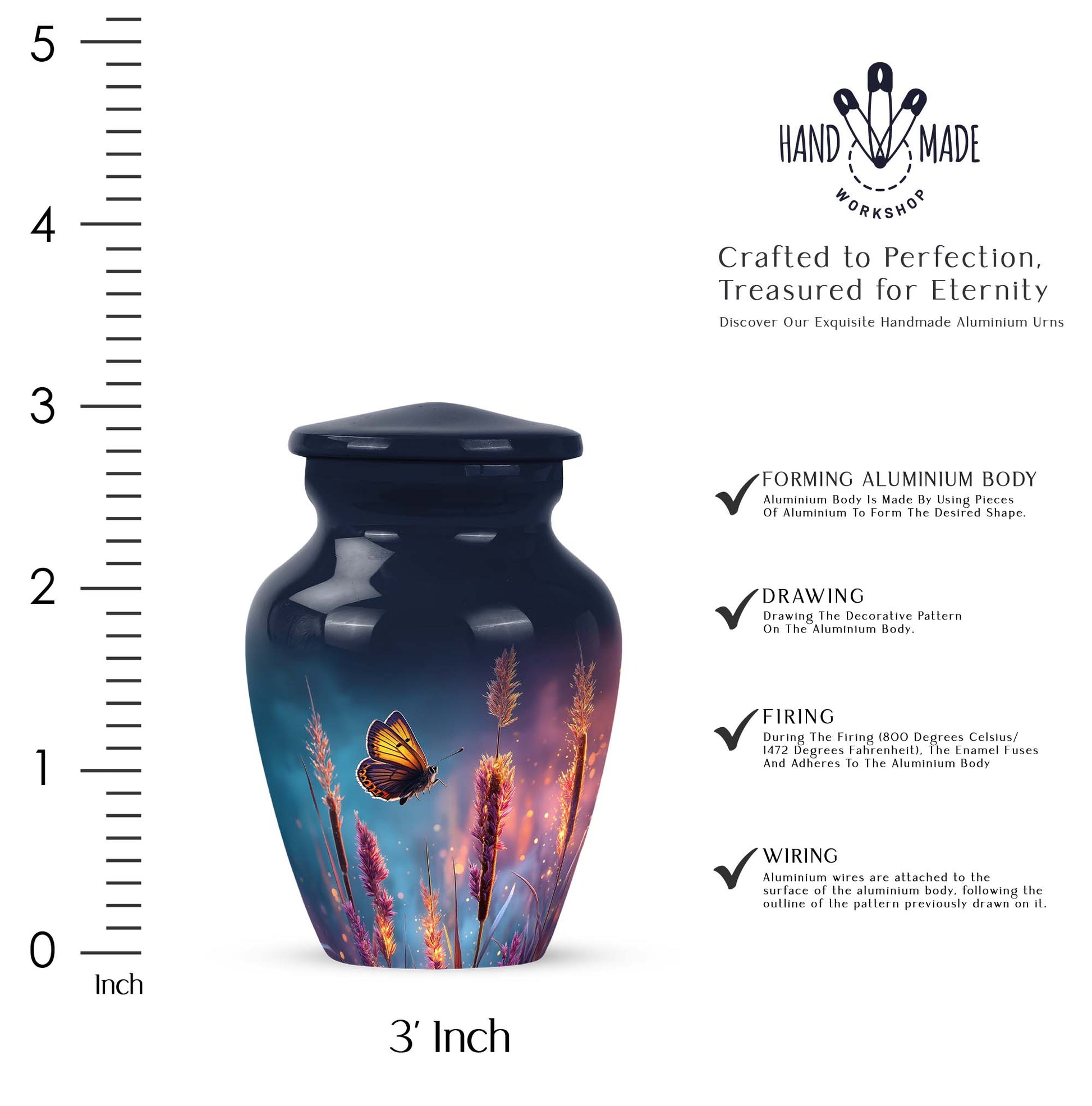 Sapphire Blue Butterfly Cremation Urn close-up of engraving and surface detail - traditional butterfly engraving with hand-polished finish - mini keepsake memorial for portion of cremation ashes