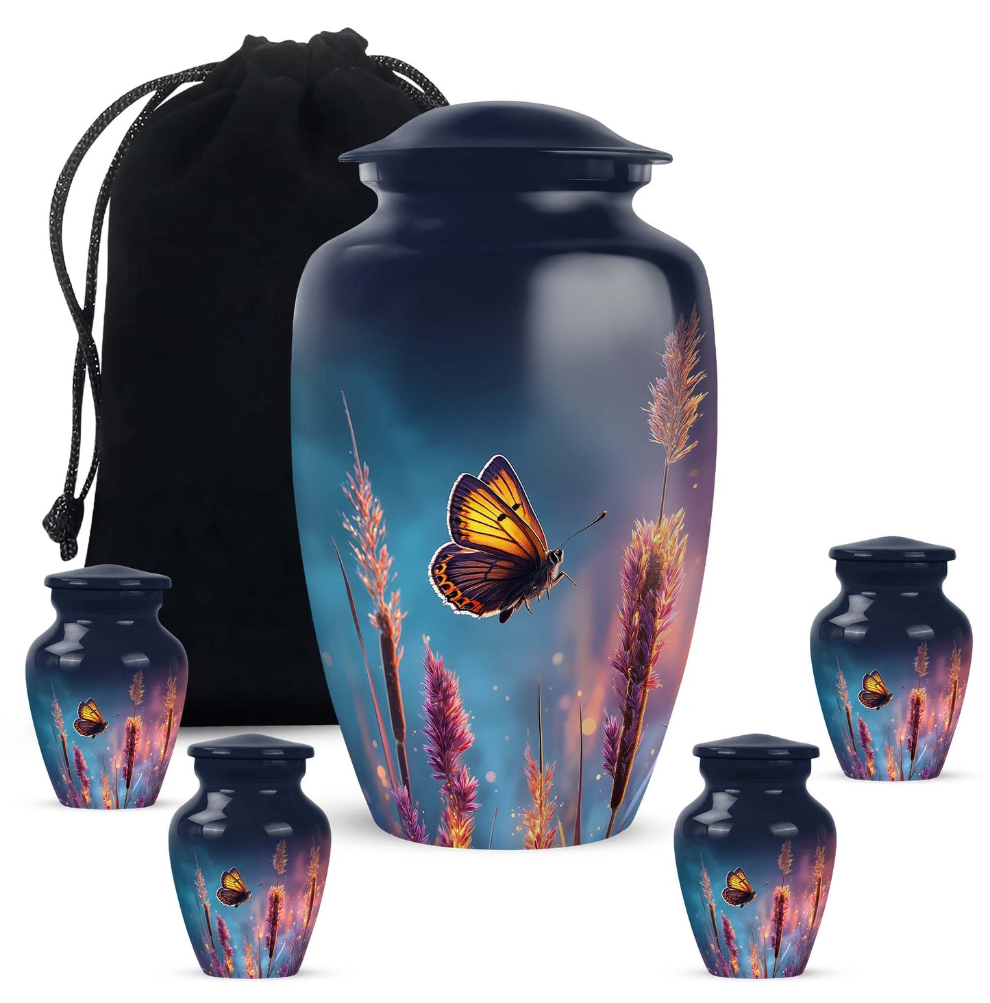 Serene Blue Butterfly Cremation Urn top-down view of secure threaded lid - elegant classic butterfly relief with fine detailing - memorial set with one large and four small urns