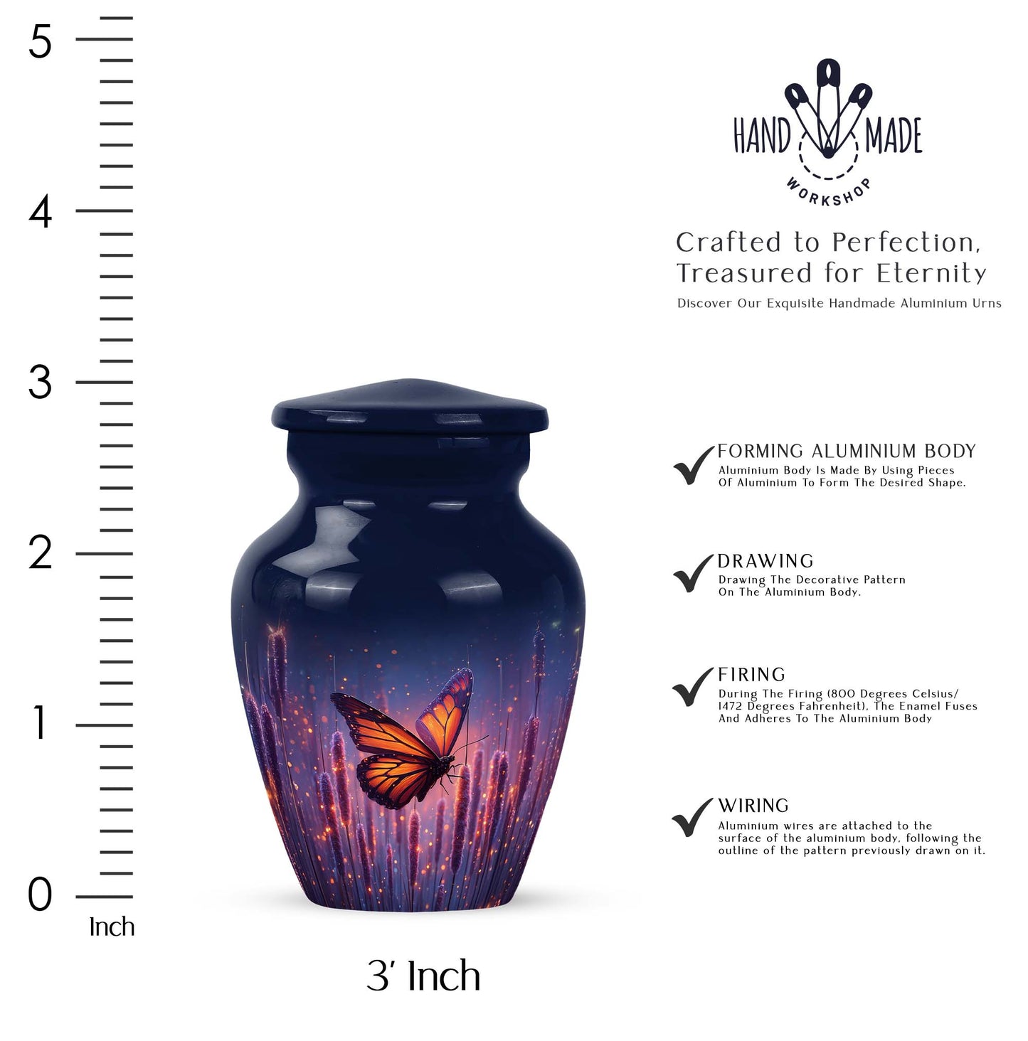 Celestial Blue Butterfly Cremation Urn close-up of engraving and surface detail - classic sculpted butterfly pattern on smooth aluminum - mini keepsake memorial for portion of cremation ashes