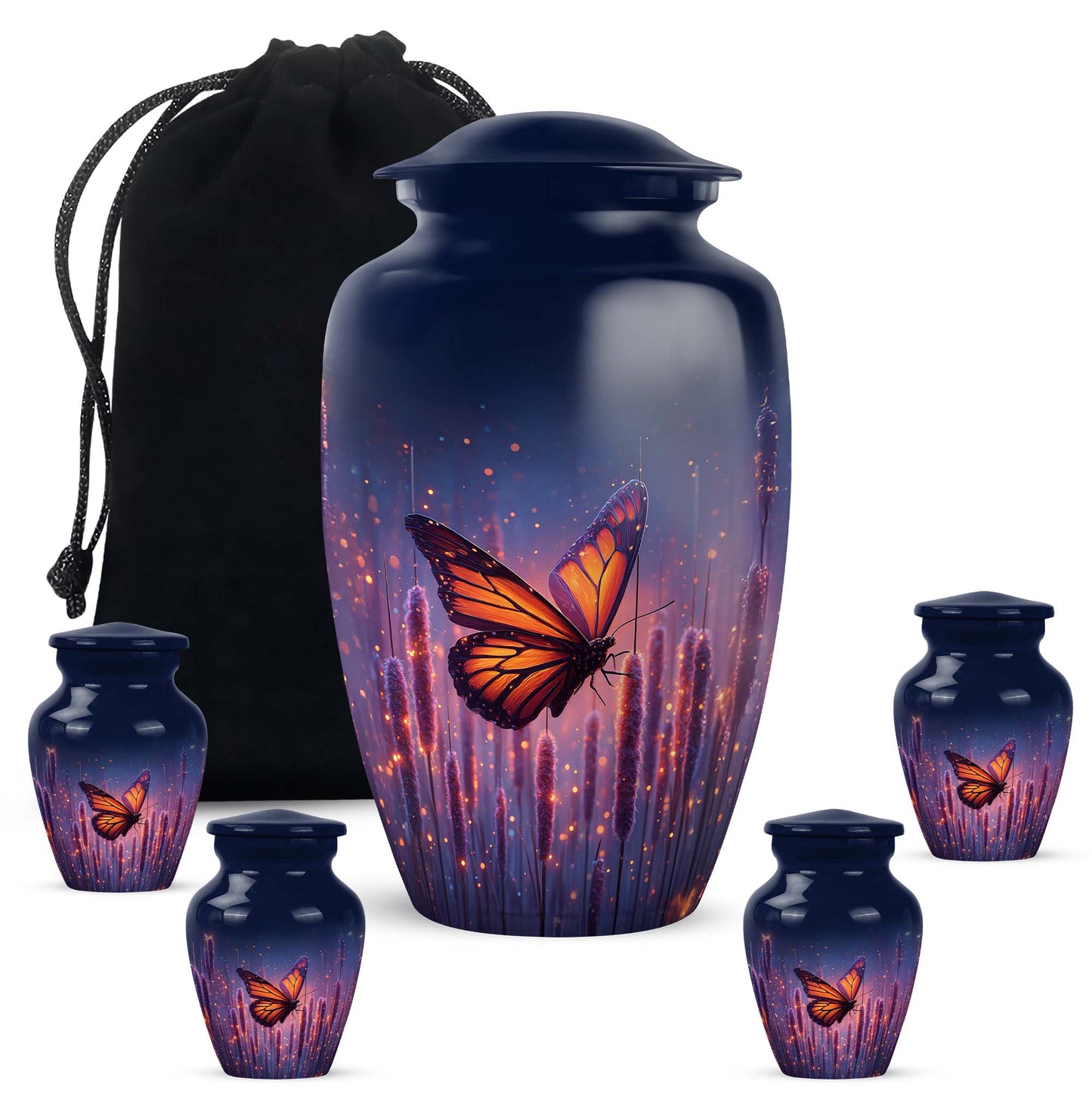 Icy Blue Butterfly Cremation Urn top-down view of secure threaded lid - timeless butterfly motif etched into premium metal - memorial set with one large and four small urns