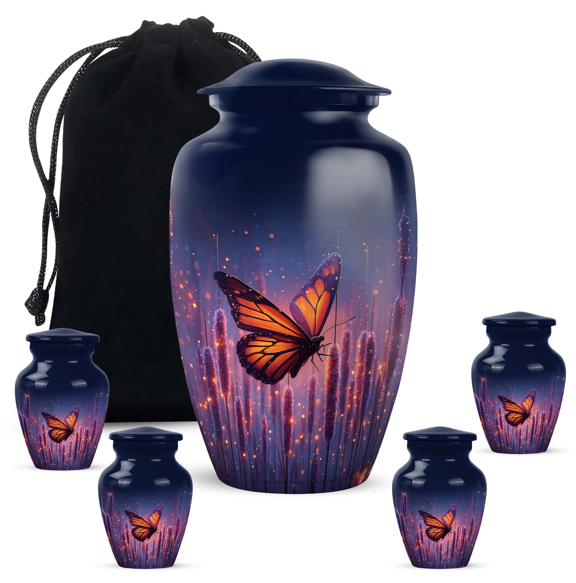 Icy Blue Butterfly Cremation Urn top-down view of secure threaded lid - timeless butterfly motif etched into premium metal - memorial set with one large and four small urns