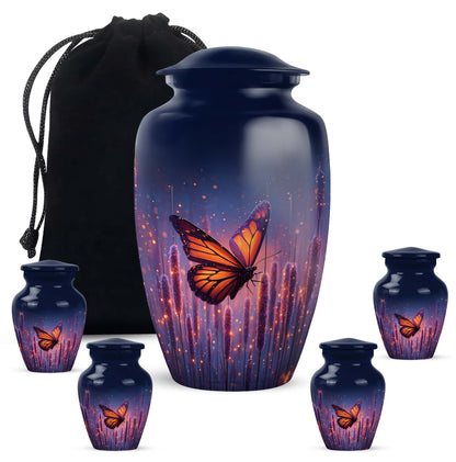 Icy Blue Butterfly Cremation Urn top-down view of secure threaded lid - timeless butterfly motif etched into premium metal - memorial set with one large and four small urns